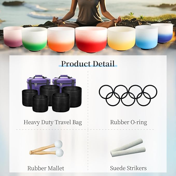 Hye-eun Crystal Singing Bowl Set 432hz,7-12 Inch Gradient Colored Quartz Singing Meditation Sound Bowls Set of 7pcs with Carrying Case for Yoga Sound Healing