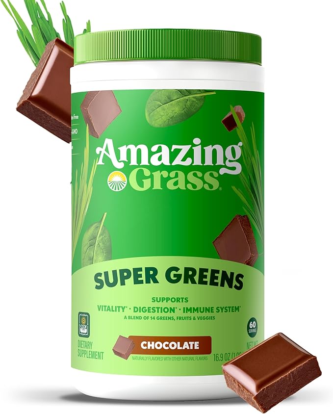 Amazing Grass Greens Superfood Powder: Greens Powder with Digestive Enzymes & Probiotics, Organic Spirulina, Chlorella, and Beet Root Powder, Chocolate, 60 Servings