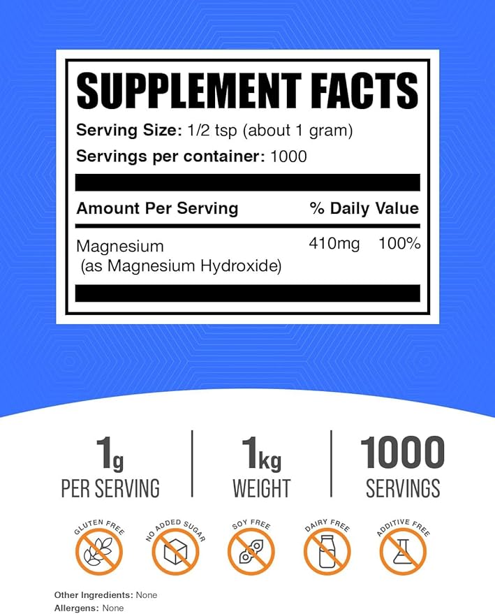 BulkSupplements.com Magnesium Hydroxide Powder - Magnesium Hydroxide Supplement - Food Grade & Gluten Free, 1g per Serving, 1kg (2.2 lbs) (Pack of 1)