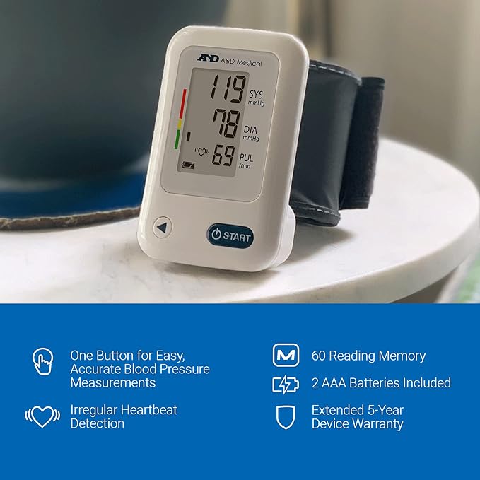 A&D Medical Wrist Blood Pressure Monitor for Home Use - UB-525, BP Adjustable Cuff (5.3-8.5"/13.5-21.5 cm) One Button Operation, 60 Reading Memory, 2 AAA Batteries