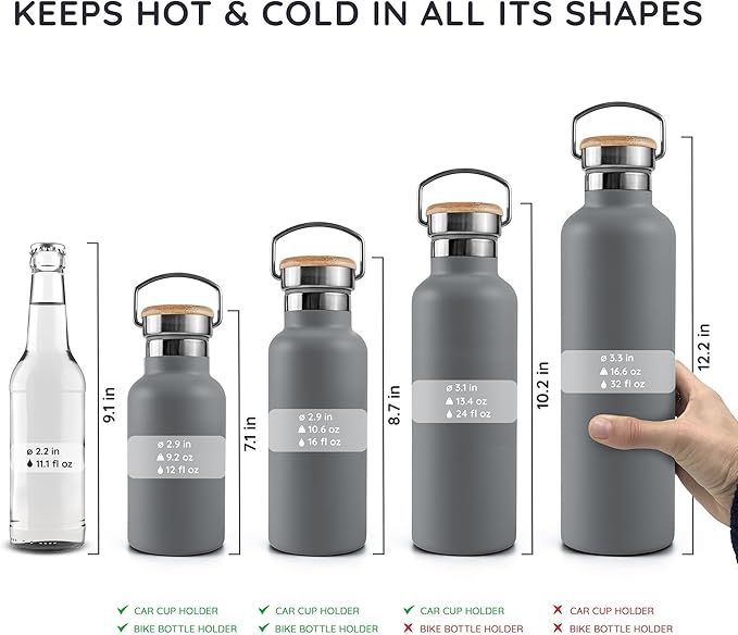 Bambaw 32 oz Water Bottle, Gray Double Wall Insulated Water Bottle, Stainless Steel Water Bottle, Thermo Water Bottle, Women and Mens Water Bottle, 1 Liter Water Bottle – Stormy Gray