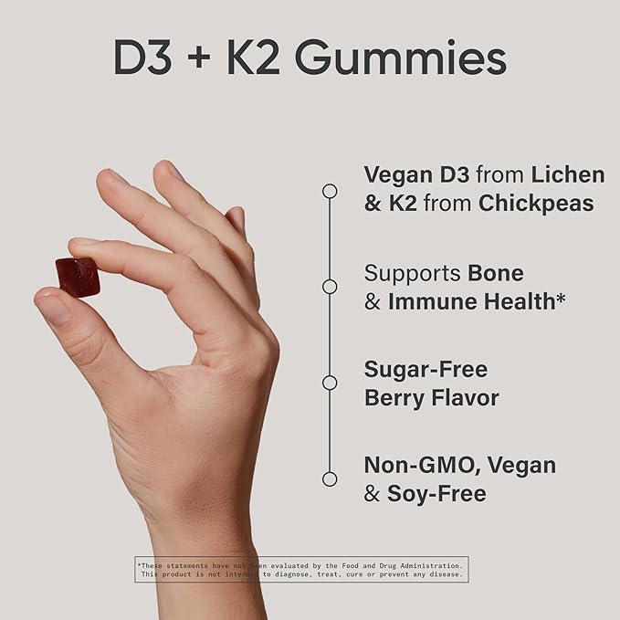 Sports Research® Vegan Vitamin D3 + K2 Gummy Supplements - 5000iu Vitamin D with 100mcg Mk7 Vitamin K - Supports Bone& Immune Health* - 60 Gummies for Adults, for Women, 1 Month Supply