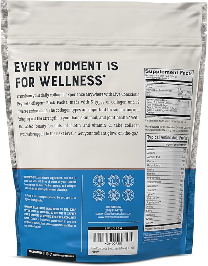 Live Conscious Beyond Collagen Peptides Powder Unflavored Packets-Hydrolyzed Collagen Powder-Hair Skin Nail & Joint Support- Multi Type Collagen Supplements for Women & Men 30 Pack (2pk)
