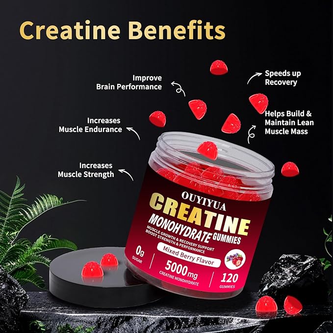 Creatine Monohydrate Gummies 5000mg for Men & Women - Sugar Free Pre-Workout Supplement, Chewables for Muscle Strength, Muscle Builder, Energy Boost, Mixed Berry Flavor, 120 Count