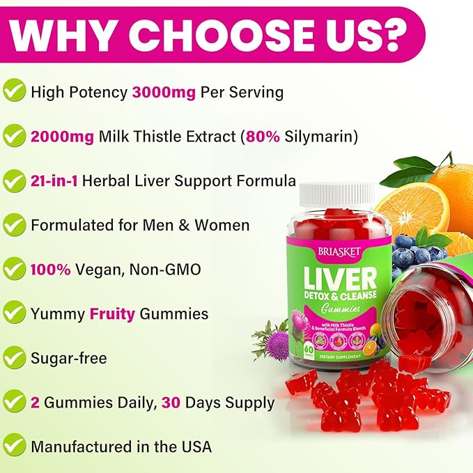 Liver Cleanse Detox & Repair Gummies, 2000 mg Milk Thistle Supplement with Dandelion Root, Glutathione & Artichoke, 23-in-1 Herbal Formula for Liver Detox & Health, Sugar-Free, Vegan, 60 Gummies