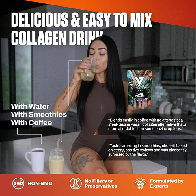 vedge Vegan Collagen Powder - Plant-Based Collagen Supplement for Hair, Skin, Nails, Joint & Gut Health. Collagen Peptides