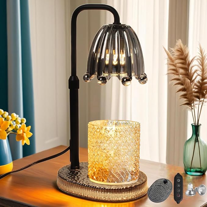 Candle Warmer Lamp with Timer: Adjustable Height and 4 Dimmer, Crystal Glass Base, Heater Wax Warmer for Jar Scented, Home Décor and Housewarming & Birthday Gift for Mom Woman, 2 Bulbs (Crown Grey)