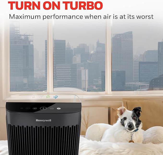 Honeywell Allergen Plus HEPA Air Purifier for Home, Large Rooms up to 900 Ft², Turbo Clean, HEPA Filter Reduces Allergens, Dust, Pollen, Pet Dander, All Smoke Types, Odors, Black, HPA5100B