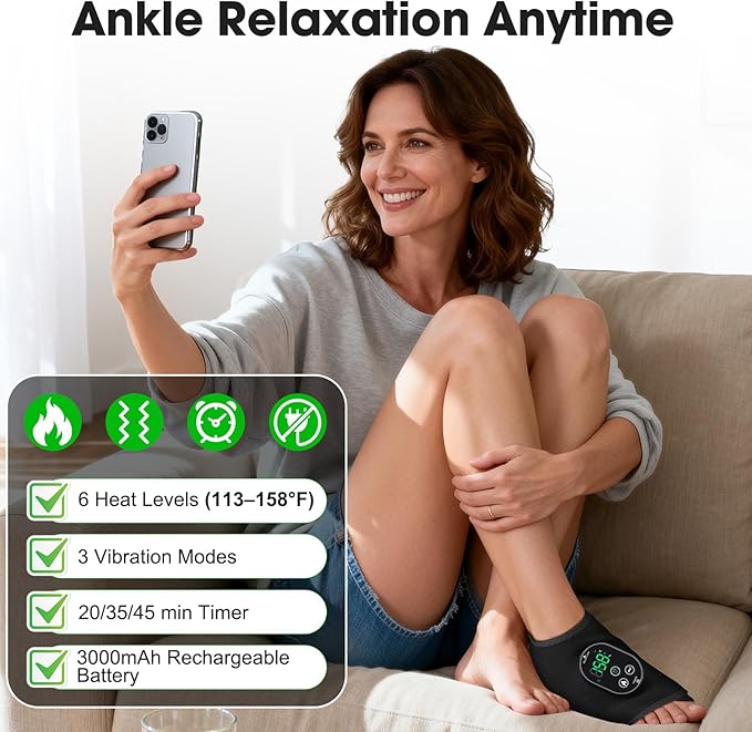 DeMoce Cordless Foot Ankle Massager for Pain Relief, Ankle Heating Pad, Ankles Heating Wrap, Massage Foot Heating Pad, 6 Heat Levels, 3 Vibration Modes, Adjustable Timer, Auto Shut Off