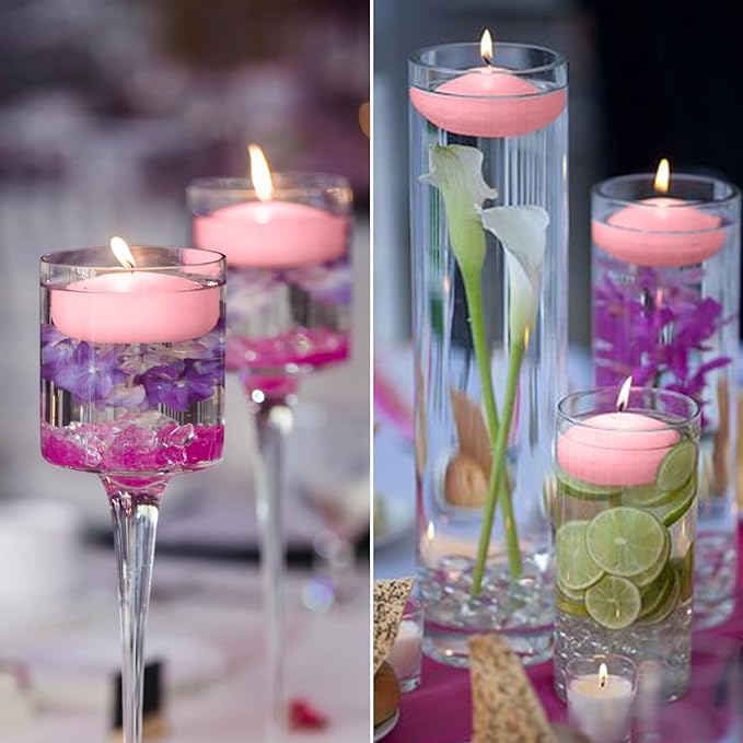 12 pcs 2-inch Floating Candles, Pink, smokeless and unscented, Burns continuously for 5-6 Hours, be Good for Holidays, Weddings, Vacations, and Home décor