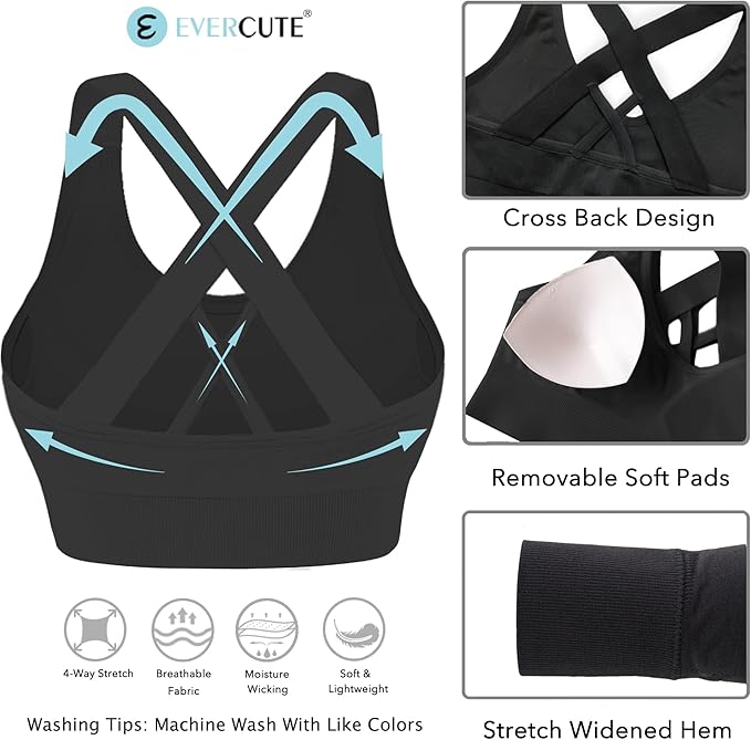Evercute Sports Bra for Women Padded Medium Support Criss Cross Strappy Bras Seamless High Impact Yoga Exercise Athletic Bras