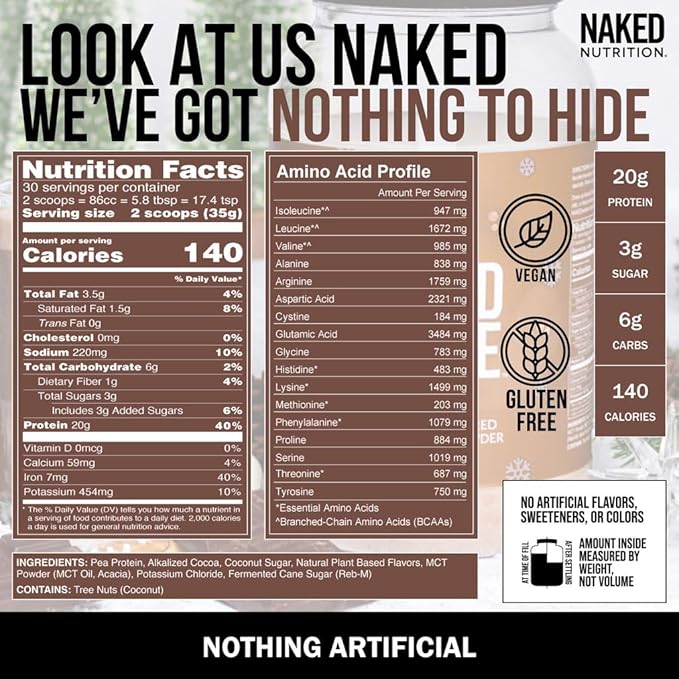 NAKED Shake - Hot Cocoa Protein Shake - Plant Based Protein Powder with Mct Oil - Gluten-Free, Soy-Free, No Gmos Or Artificial Sweeteners - 30 Servings