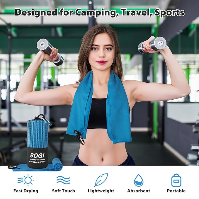 BOGI Microfiber Travel Sports Towel-Quick Dry Towel, Soft Lightweight Microfiber Camping Towel Absorbent Compact Travel Towel for Camping Gym Beach Yoga Swimming Backpacking (S:16''x32'',2Pcs-Blue)