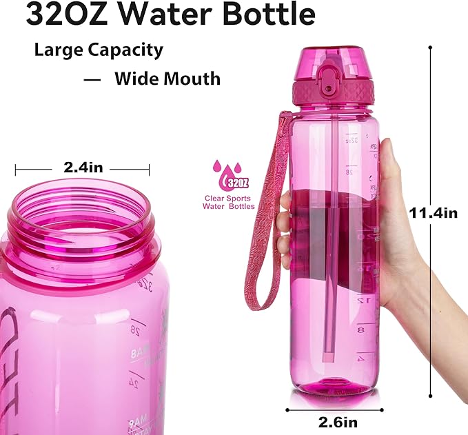GOPPUS Clear Water Bottle With Straw 32oz Clear Sports Water Bottles Motivational with Time Marker Tritan BPA Free Clea Plastic Water Bottle Wide Mouth for Gym Travel Home School Office
