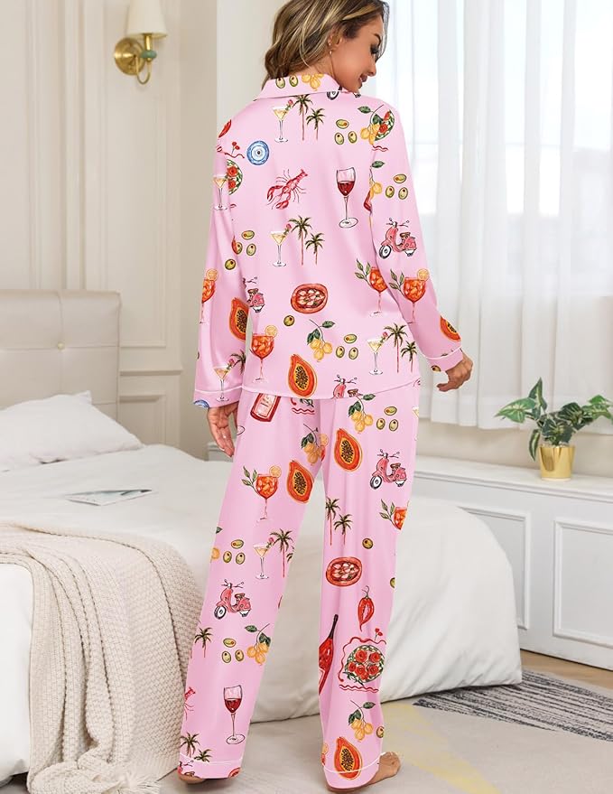 Veseacky Womens Satin Pajama Set Silk Pjs Button Down Long Sleeve Sleepwear Loungewear Sleepwear 2 Piece Pjs Set S-XXL
