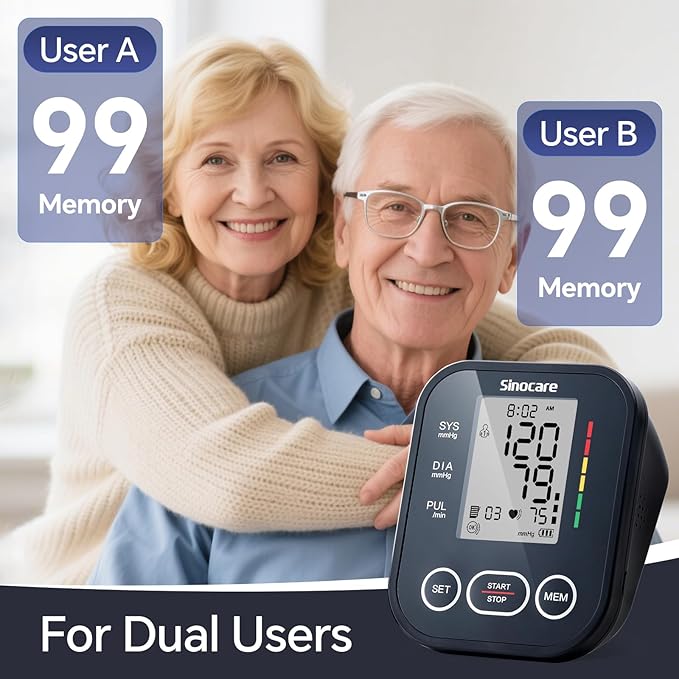 Sinocare Blood Pressure Monitor, Upper Arm Blood Pressure Monitors for Home Use, Adjustable Arm Cuff 8.6"-16.5", One-Button Operation, Dual User, Accurate & Practical