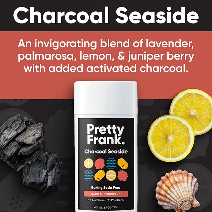 Pretty Frank Natural Aluminum-Free Deodorant Stick with Charcoal, Baking Soda-Free, Charcoal Seaside (1-Pack) | Sensitive Skin Friendly, Effective Odor Control for Women & Men, Organic Ingredients