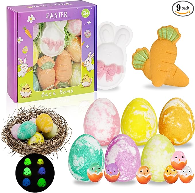 Kids Bath Bombs with Surprise Inside: 9 Pcs Natural Organic Egg Bunny Shaped Basket Stuffers for Kid Girls Boys Bubble Bathbombs Fruit Scented Spa Birthday Gift Set Party Favors Children 3+ Year Old