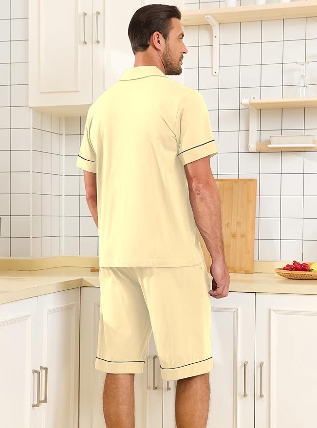 COLORFULLEAF Men's 100% Cotton Short Sleeve Pajama Sets Button Down Notched Collar Sleepwear Soft Lounge Pjs with Pockets