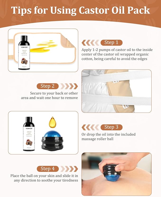 Castor Oil Pack Wrap & Organic Castor Oil (8fl.oz/237ml), Caster Oil Wrap with Roller Ball, Reusable Caster Oil Packs for Neck, Stomach and Entire Body