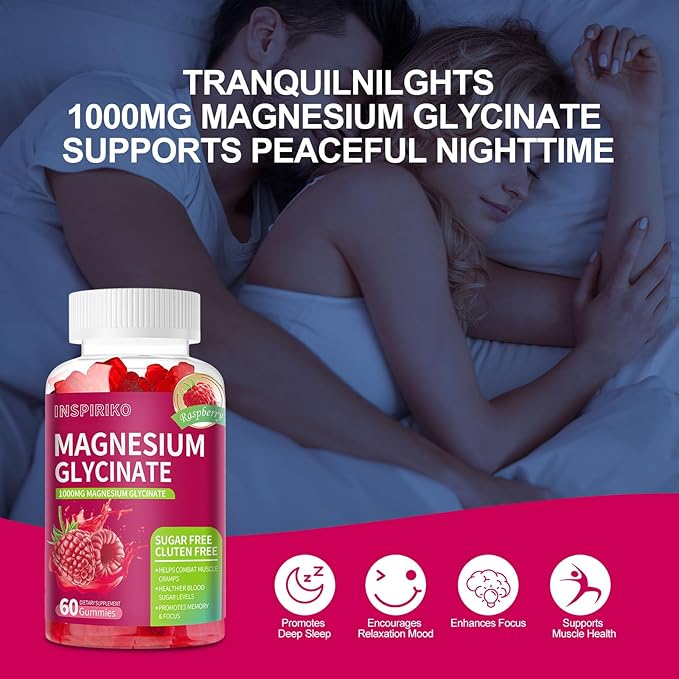 Magnesium Glycinate Gummies 1000mg - Sugar-Free Magnesium Potassium Supplement with Vitamin D, B6, CoQ10 for Adults & Kids,High Absorption for Calm Mood & Sleep Support - 60 Raspberry Gummies