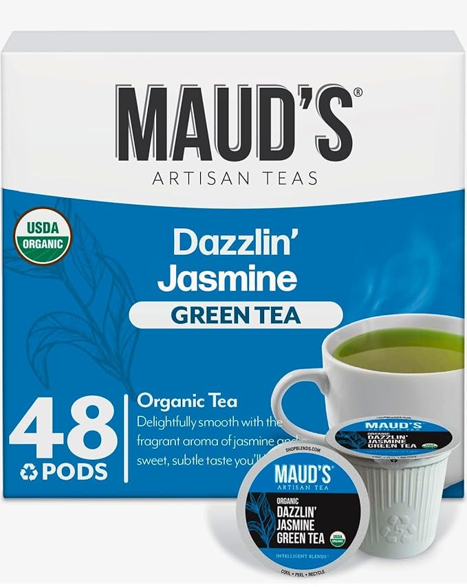 Maud's Organic Jasmine Green Tea Pods, 48 ct, Recyclable Single Serve Tea Pods – 100% Gourmet Blended Tea Leaves, Compatible with Keurig K Cups Maker