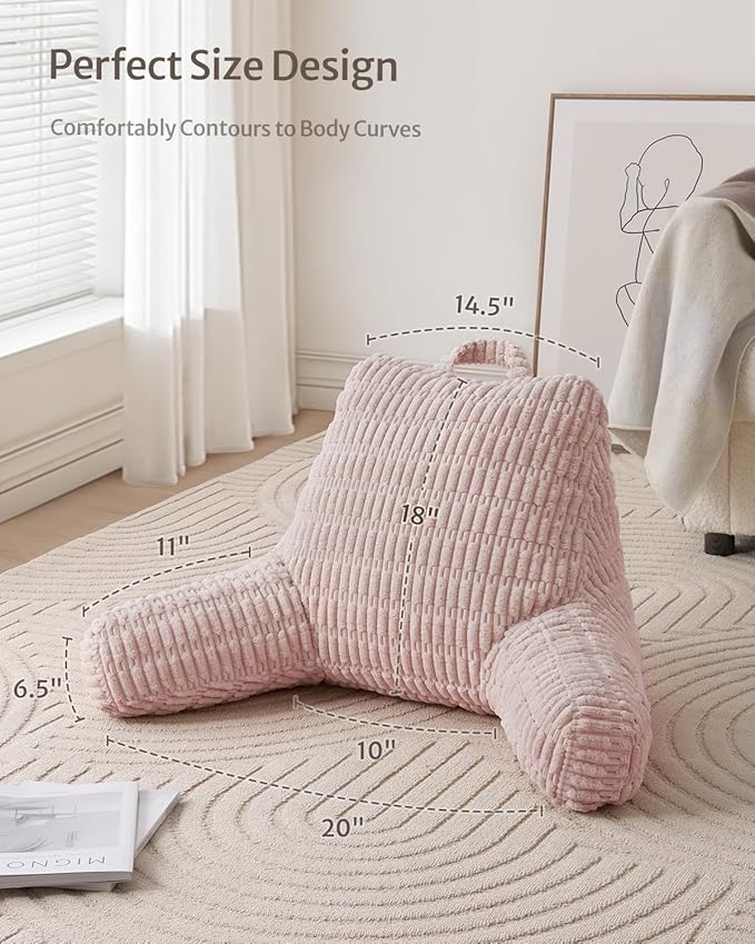 Blissful Diary Reading Pillow, Backrest Pillow with Shredded Memory Foam for Adult & Children, Designed for Bed and Couch Sitting Up, Includes Arms, Pockets and Washable Cover, Pale Pink