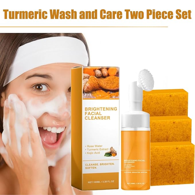 Turmeric Wash and Care Two Piece Set, Turmeric Soap & Face Wash with Brush, Foaming Mousse Facial Deep Cleansing Exfoliating for Face & Body Skin Care (2,2Set)