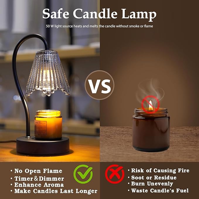 Black Candle Warmer Lamp, Electric Candle Warmer with Dimmable Light, Scented Wax Melter, No Smoke, with 2 Light Bulbs, Wax Melt Warmer for with Small Scented Candles, Home Decor