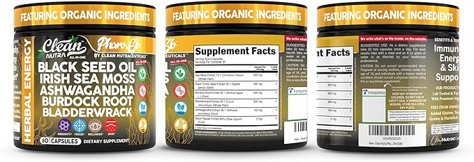 Clean Nutraceuticals Black Seed Oil Sea Moss Ashwagandha Burdock Root Bladderwrack Energy Vegan Capsules Seaweed Skin Detox Stress Relief Immune Support Focus Supplement Nigella Sativa 60 Count