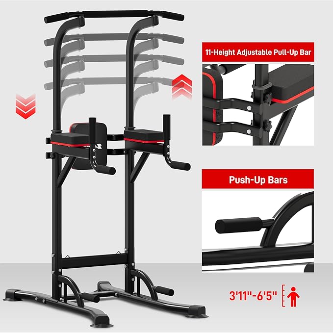 Outdoor Basic Power Tower, Pull Up Bar and Dip Station for Home Gym, 1600LBS Weight Capacity, Adjustable Height, Heavy Duty Steel Frame for Calisthenics, Strength Training Fitness Equipment