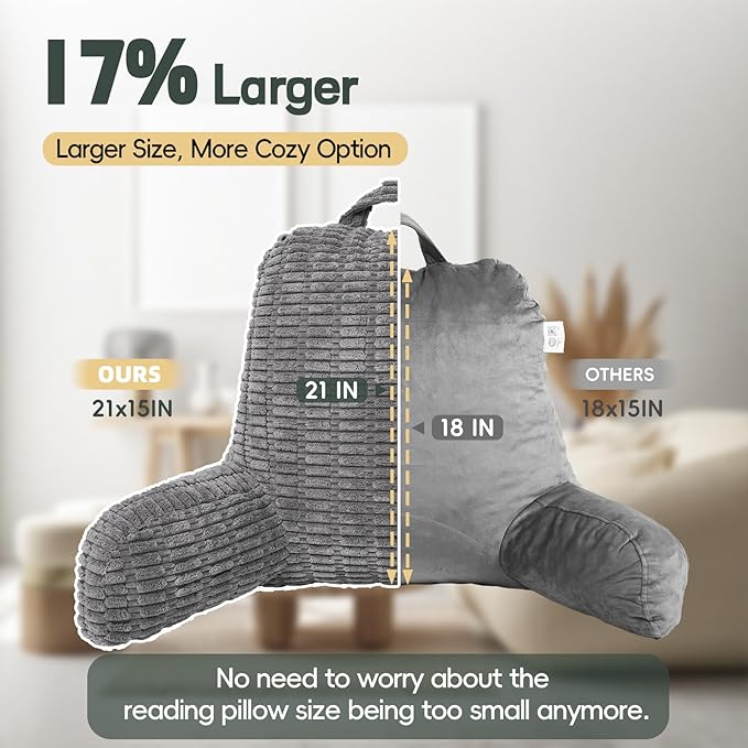 21" Higher Large Reading Pillow for Bed Adult, Back Pillow for Bed Sitting Up with Memory Foam Back Support with Arms Rest for Couch Chair Gray
