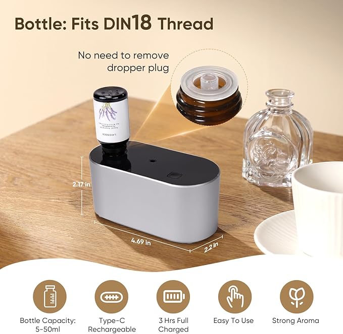 Waterless Diffuser for Home Essential Oil Diffuser, Aromatherapy Diffuser, Portable Scent Diffusers, 3 Mist Modes, Cycle Start for Bedroom, Office Studio 160 sq. ft Silver