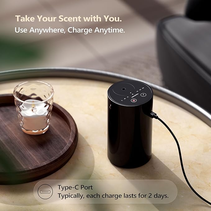 Waterless Diffuser for Essential Oil, Battery Operated Nebulizer, 0.7 Fl.Oz./ 20mL Capacity, Mini Scent Air Machine, 3 Countdown Timers & 3 Mist Levels for Home Room Car Office - AN8 Black