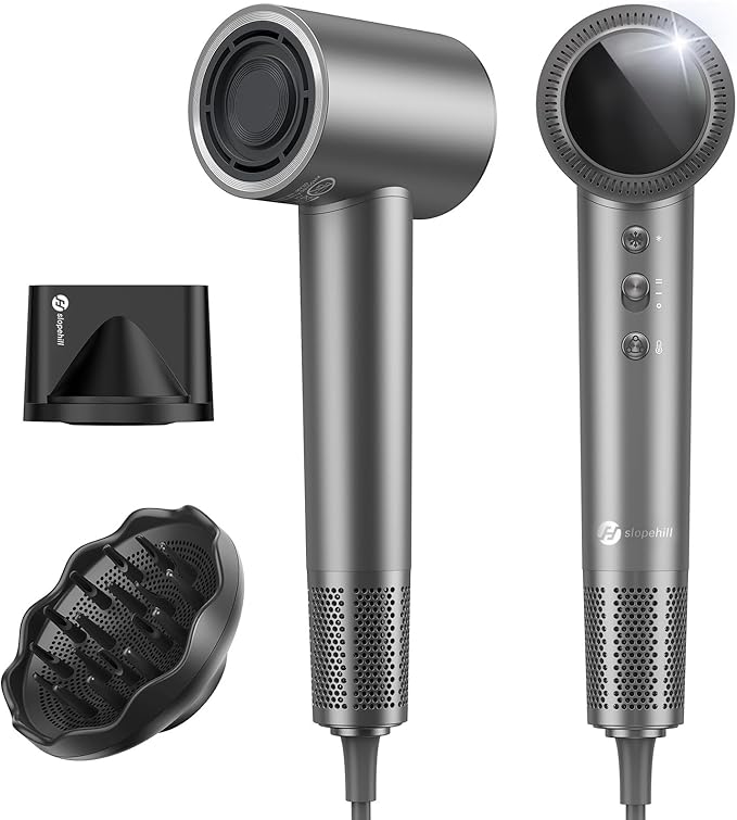 slopehill 160,000 RPM Professional Hair Dryer - 0.8lb Ultra-Lightweight, 6 Billion Ion Technology for 98% Frizz Reduction, AI Smart-Temp Control, Magnetic Attachments for All Hair Types (Dark Grey)