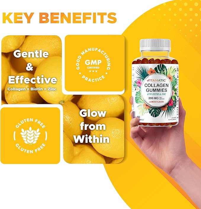 Vitamatic Hydrolyzed Collagen Gummies with Vitamin C, Zinc and Biotin, 200 mg - Healthy Skin Support - 240 Gummies