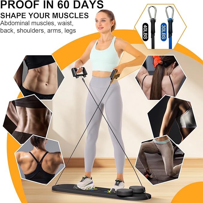 Pilates Reformer Set - Foldable Sliding Reformer, Pilates Board for Home Workout, Portable Abdominal Core Trainer Pilates Reformer Board - Full Body Workout Equipment for Home