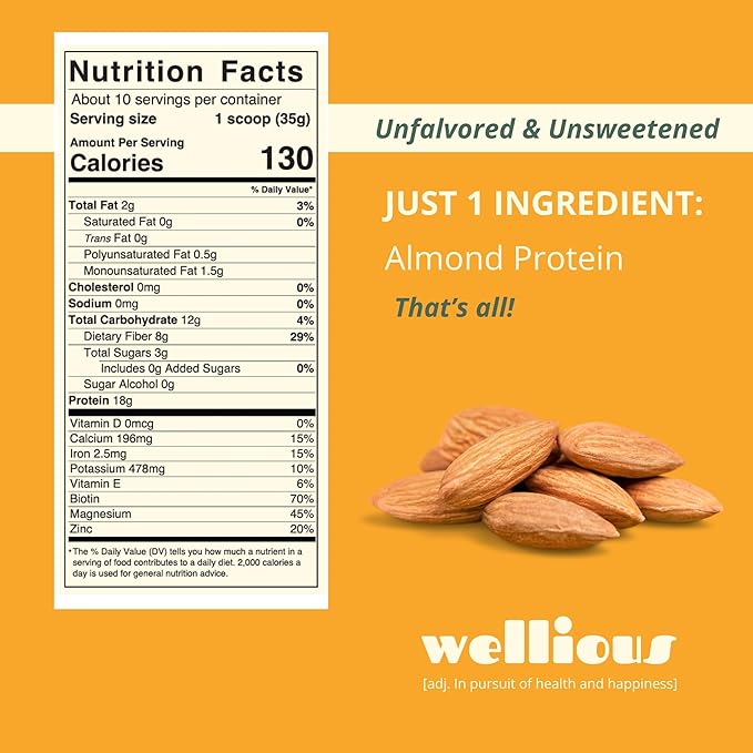 wellious Unflavored & Unsweetened Protein Powder | Vegan - Plant Based Protein Powder Dairy Free for Gut Health, No Sodium, High Fiber, Keto Friendly, Non Dairy, Lactose Free