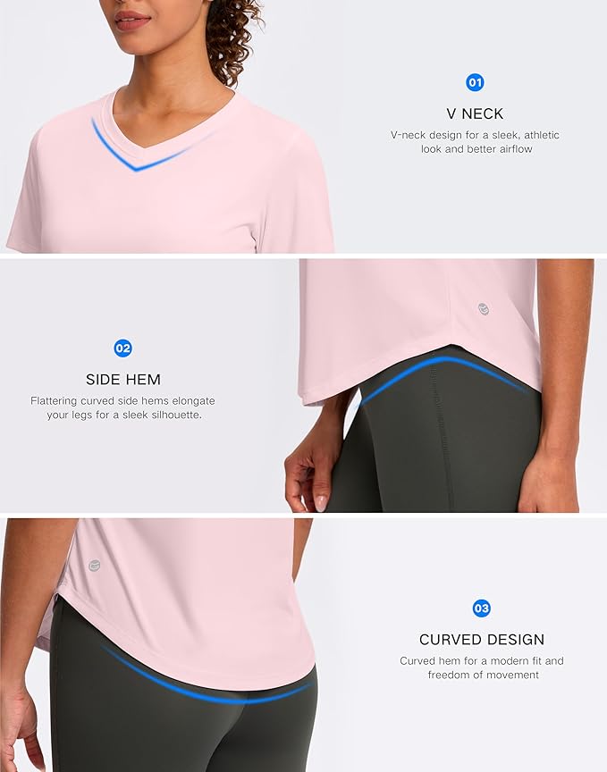 Womens Workout Tops V-Neck Short Sleeve UPF 50+ Sun Shirt Moisture Wicking Quick Dry Top for Gym, Running, Athletic