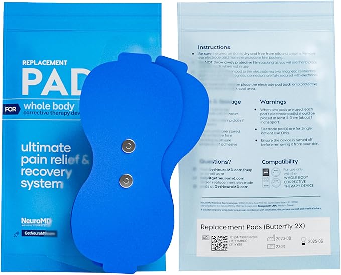 NeuroMD 2-Pack Butterfly Replacement TENS Unit Electrode Pads for Wireless Muscle Stimulator & Pain Relief - Reusable 30 Times | Snap-On Connector | Compatible to Whole Body Corrective Therapy Device