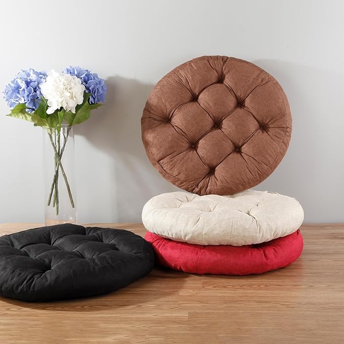 Meditation Floor Pillow, Round Floor Cushions for Adults, Button Tufted Seat Cushions for Yoga Tatami Living Room, Brown, 22 x 22 x 4 in