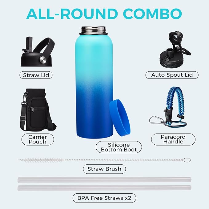 Metal Water Bottle 40oz - Stainless Steel Water Bottles with Straw Spout Lid, Sleeve Carry Strap, Vacuum Insulated, Leak Proof, BPA Free Water Jug, Modern Reusable Waterbottle Gym Biking Camping