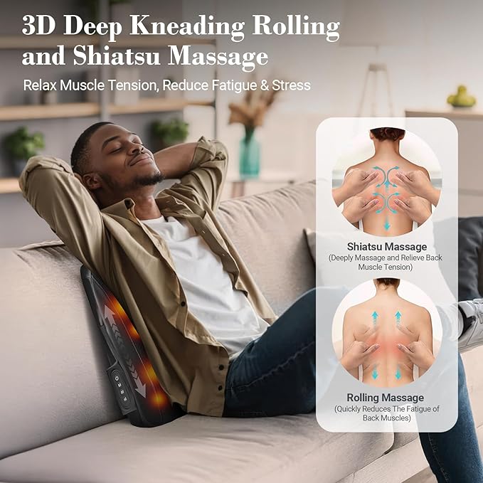 Cordless Low Back Massger with Heat - 4D Kneading Lower Back Massager for Pain Relief Deep Tissue,Portable Shiatsu Massager for Back,Waist,Ideal Gift for Women,Men