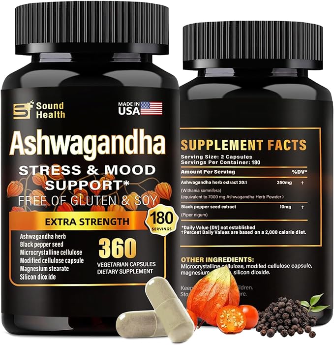 SoundHealth Organic Ashwagandha Capsules Supplement - 7000mg Herb Powder Equivalent per Serving - Immune Support, Hormone Balance - Enhanced Nutrient Absorption - 360 Capsules (180 Servings)