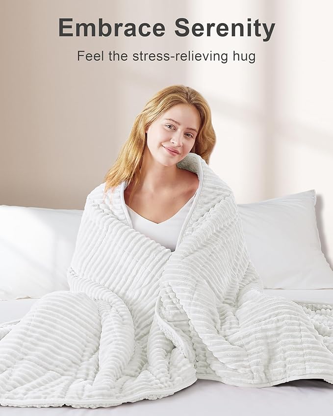 Sherpa Fleece Weighted Blanket with Ribbed Stripes for Adults, 15 lbs Dual Sided Cozy Warm Blanket for Couch Full Size Bed, Ceramic Beads Heavy Thick Blankets Great for Sleep, White, 60" x 80"