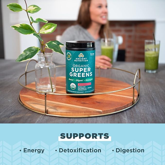 Ancient Nutrition SuperGreens Powder with Probiotics, Organic Watermelon Flavor Greens, Made from Real Fruits, Vegetables and Herbs, for Digestive and Energy Support, 25 Servings, 8.82oz