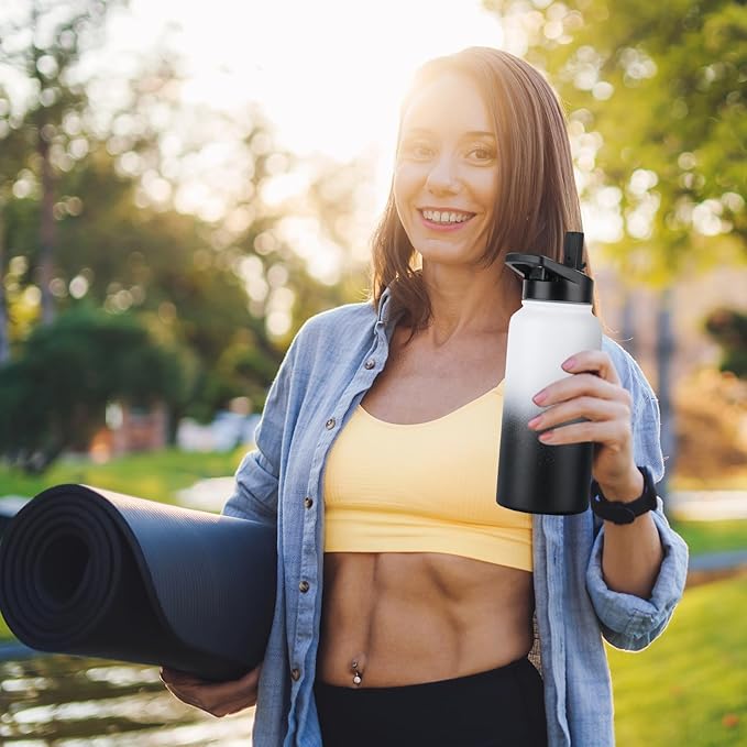 DOMICARE 32 oz Insulated Water Bottle Bulk, Vacuum Insulated Stainless Steel Sports Water Bottle with Straw Lid & Spout Lid, Leakproof, Reusable - Travel, Bike, Black White Gradient (8 Pack)