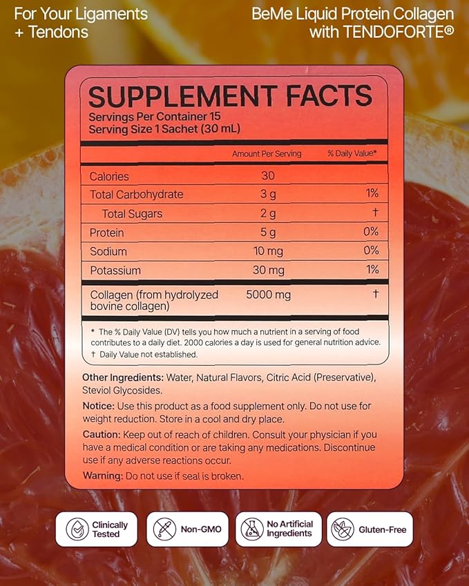 BeMe Tendon and Ligament Supplements - 5,000mg TENDOFORTE Collagen Peptides for Tendon Repair Supplement and Ligament Repair - 15 Liquid Grapefruit Sachets