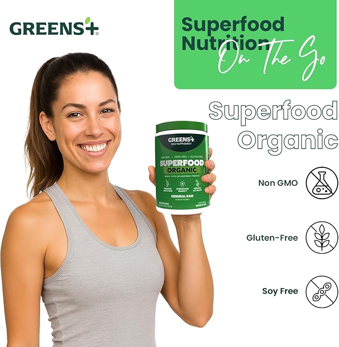Greens+ Organic RAW Superfood Powder, Super Blend Immune Support, Morning Kick, Energy Boost, Nutrition Vibrant Health, Dietary Supplement, Vegan Soy/Dairy/Gluten Free(8.46oz)