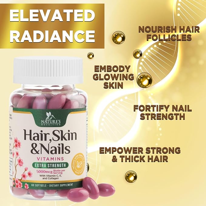 Hair, Skin & Nails Vitamins for Women - Biotin 5000mcg to Support Hair Growth with Argan Oil, Collagen & Hyaluronic Acid, Beautiful, Stronger Skin, Hair & Nails Vitamin Supplement - 60 Softgels